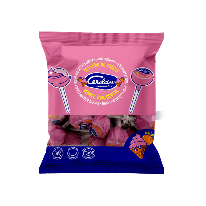 Erdbeer-Sahne-Lutscher mit Kaugummi 15,5 g Cerdán Caramelos - Distribución Mayorista